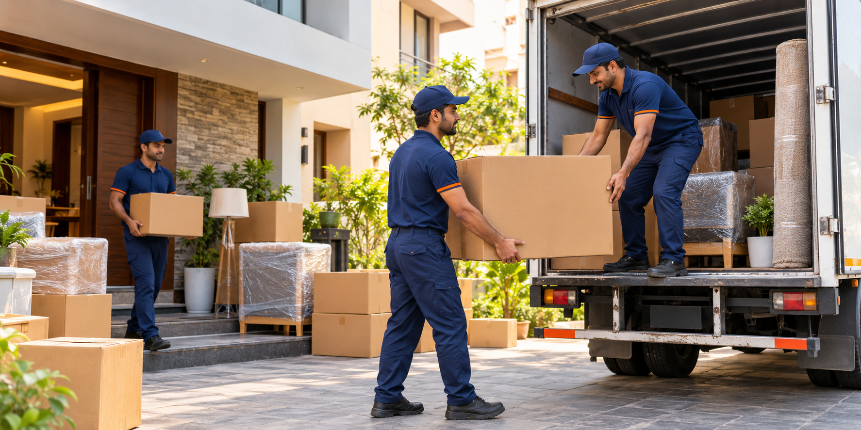 Galaxy Packers and Movers relocation team preparing packed boxes beside a moving truck